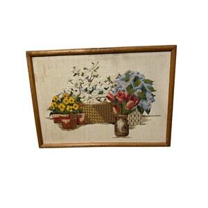 Vintage Crewel Hushed Floral Basket Embroidery Blossoms Hydrangeas Tulips 20x14